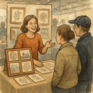 An artist engaging with customers at a craft show
