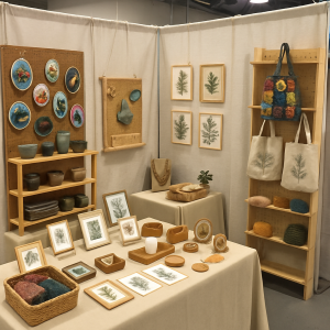 Craft show booth with various handmade items
